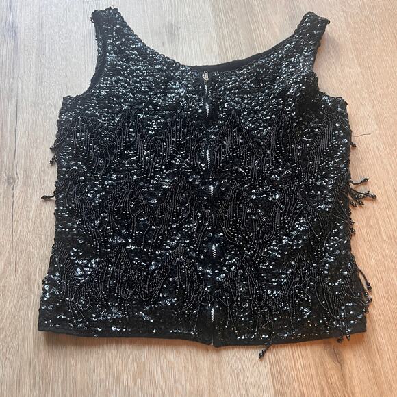 Vintage 60s Sequin Beaded Cocktail Black Sleeveless Top Zip Back Wool SZ Small - Picture 3 of 8